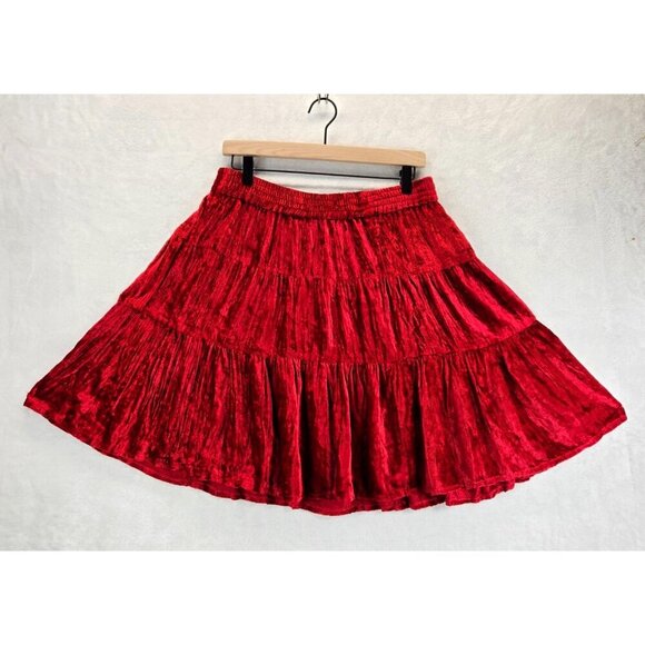 Vtg Broomstick Skirt Red Mini Velvet Tiered Western L Star of India Boho Cowgirl - Picture 2 of 10